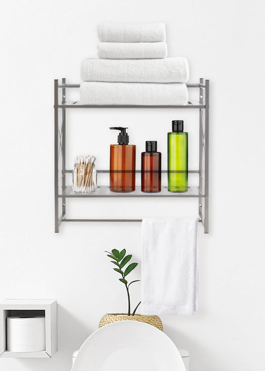 Metal. 18.5" x 9.8" x 20". - 2-Tier Wall Shelf with Towel Bar